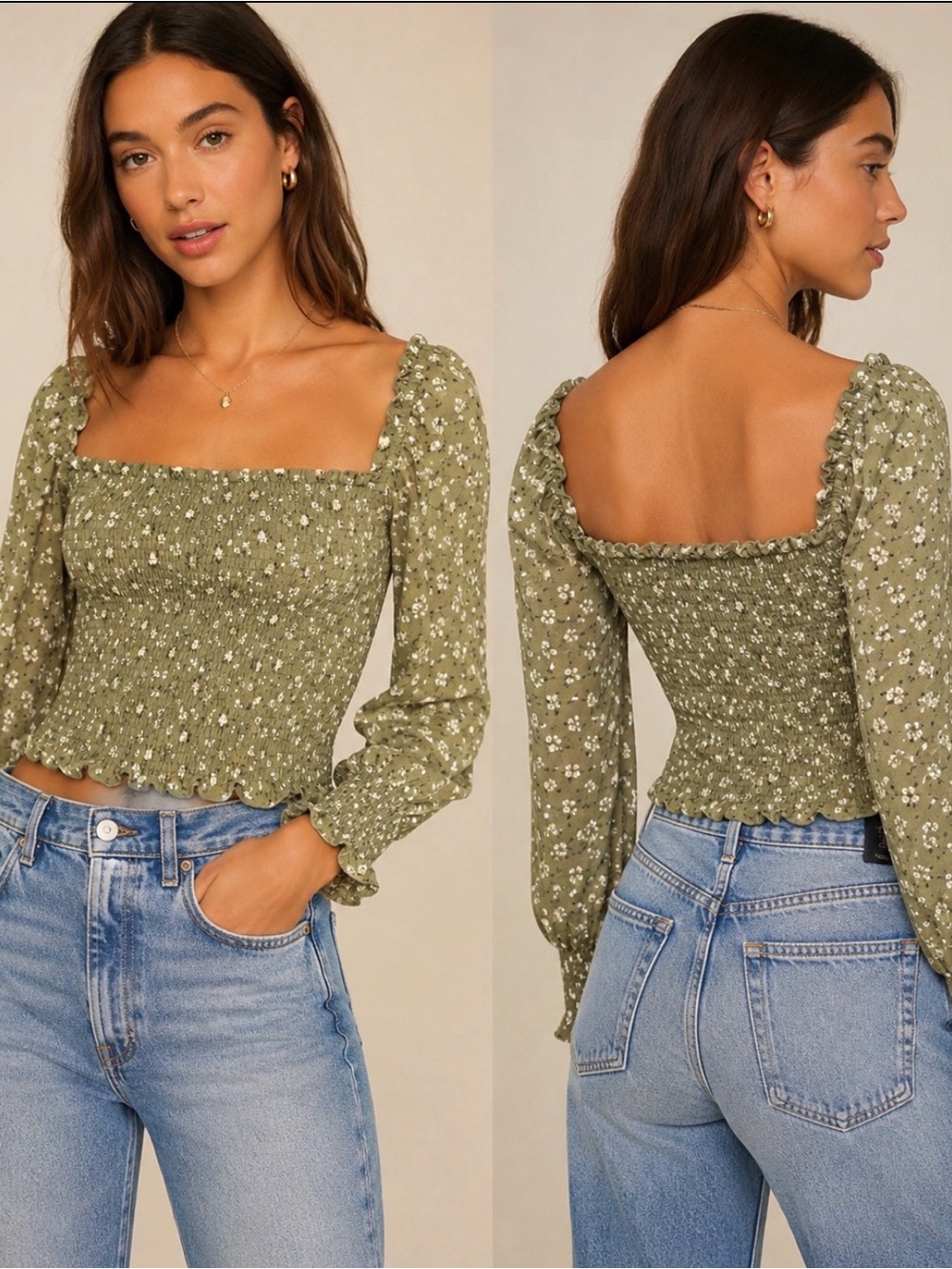 Reformation Smocked Square Neck Long Sleeve Top in Olive green Floral cottage S